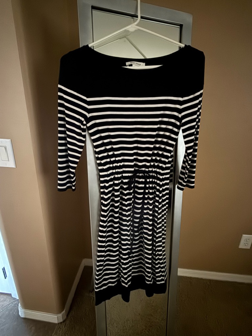 White House Black Market Striped Black & White Knit Dress with Drawstring Waist